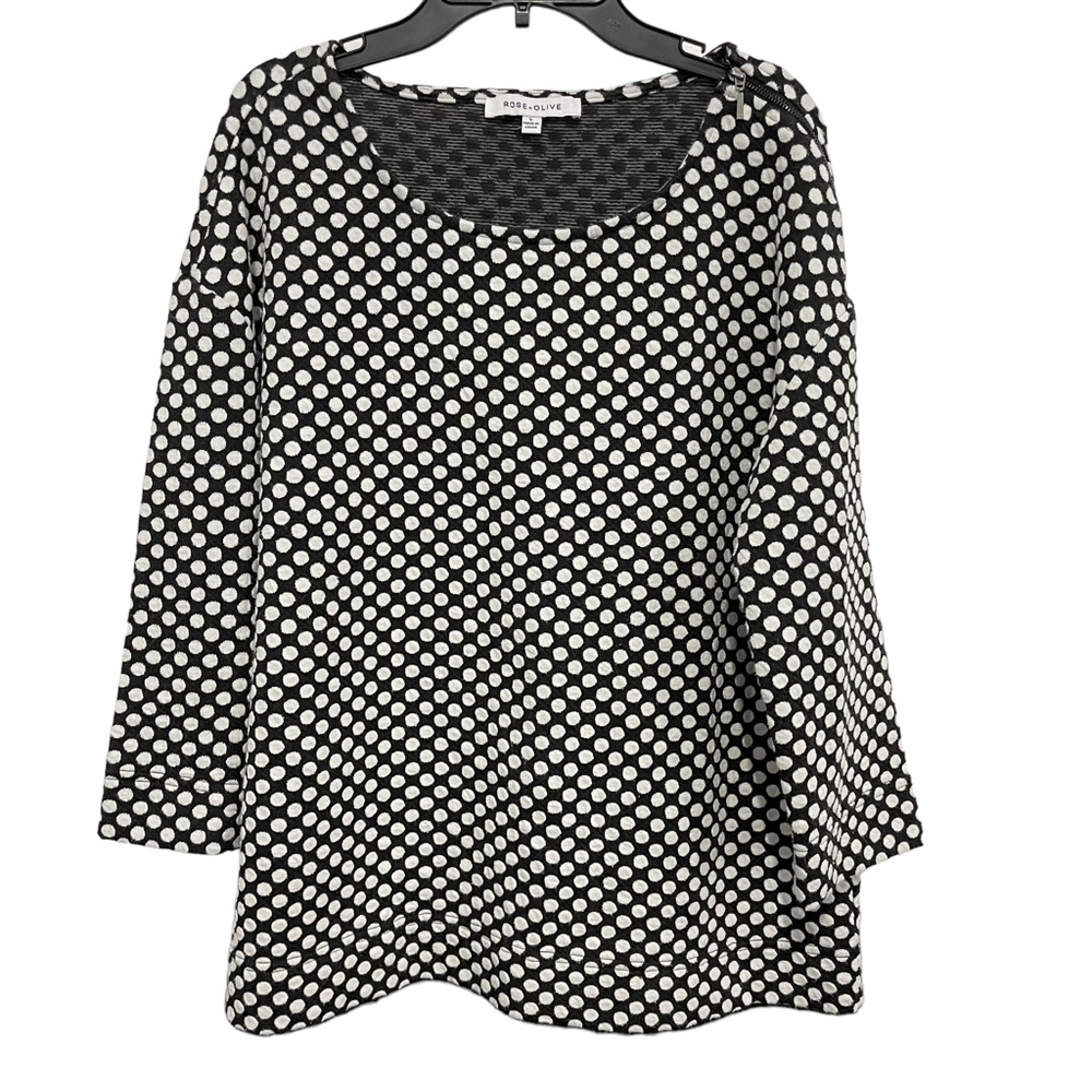 ROSE & OLIVE Top Woman’s Size Large Black & White Polka Dots 3/4 Sleeve